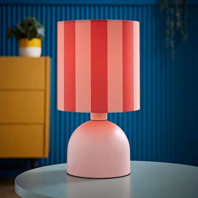 ValueLights Miley Stripe Print Table Lamp with Drum Shade and LED Bulb, Pink