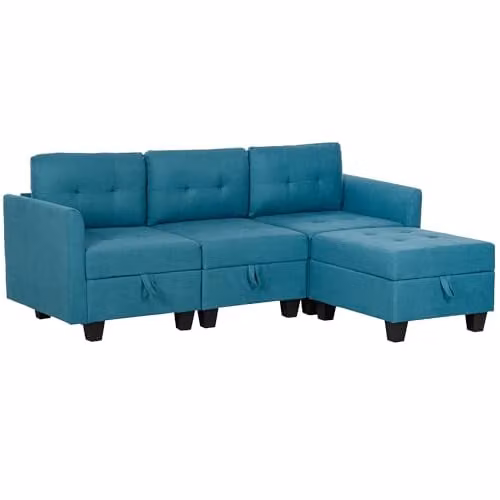 HOMCOM Reversible L-Shaped Modular Sectional Sofa with Storage and Ottoman, Blue Fabric 3 Seater Sofa with Sleeping Function and Solid Wood Frame, W/D/H: 213.0 x 158.0 x 85.0 cm – 1