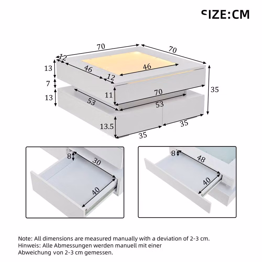 BTM Modern White High Gloss Square Coffee Table with 3 Drawers and LED Glass Top W/D/H: 70 x 70 x 35 cm – 3