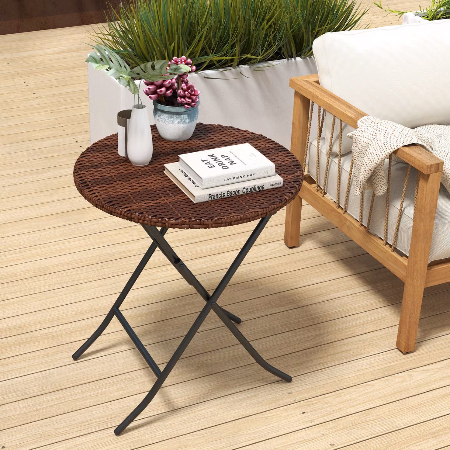 Outsunny Round Foldable PE Rattan Outdoor Coffee Table with Metal Frame in Mixed Brown – 2
