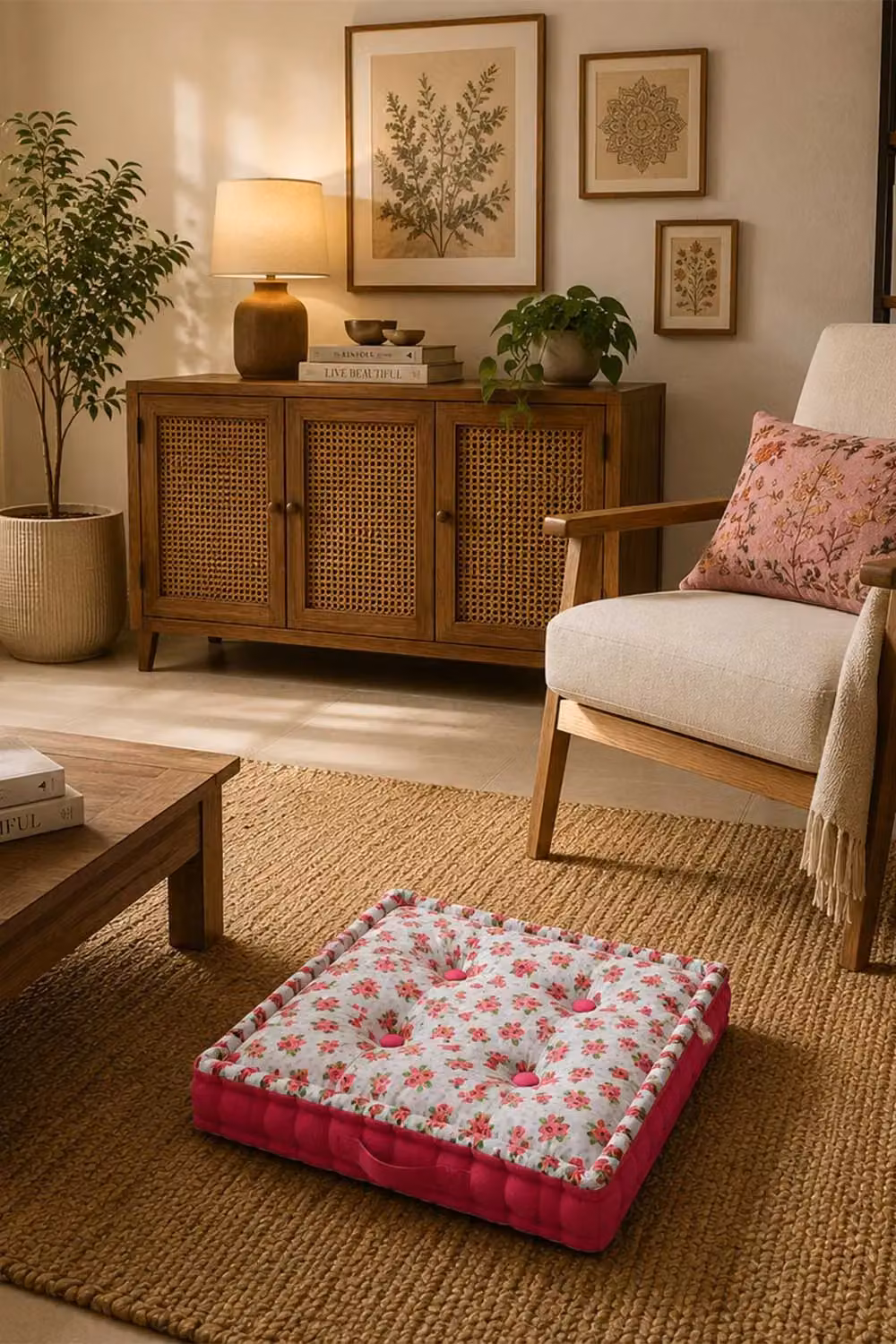 Homescapes Roses & Dots Cotton Floor Cushion in Pink, Green and White, W/D/H: 50 x 50 x 10 cm – 2