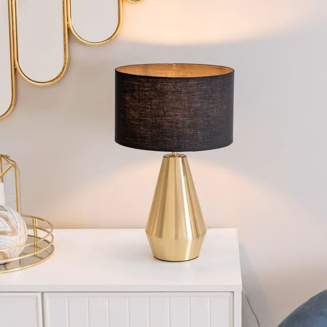 ValueLights Jax Antique Brass Dimmable Touch Table Lamp with Black Fabric Drum Shade and LED Bulb