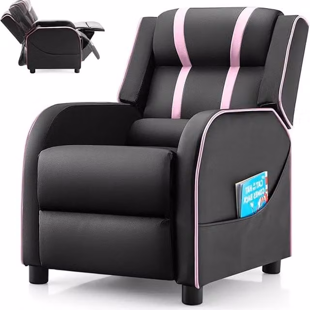 Costway Pink Childrens Synthetic Leather Relax Recliner Chair with Armrests