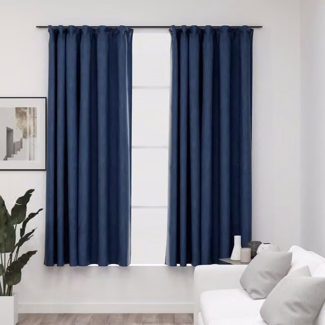 Berkfield Linen-Look Blackout Curtains with Hooks, 2 Pack, Blue, W: 140 cm, H: 175 cm – 1