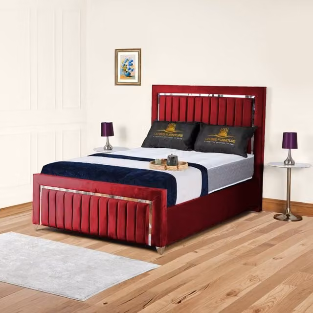 UK Bed Furniture Modern Upholstered Velvet Bed Frame in Red, W/D/H: 120 x 200 cm