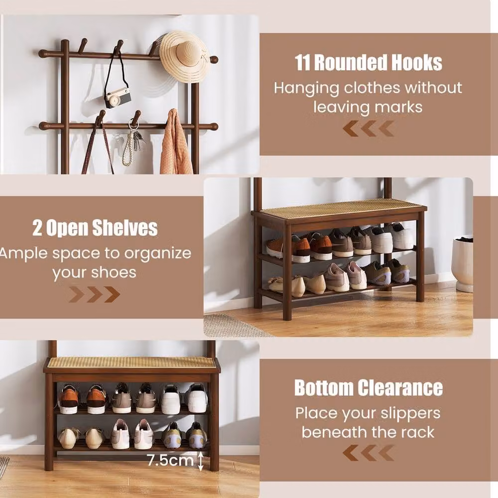 Gymax Rustic Brown Hall Tree Entryway Bench with 11 Hooks, 2 Hanging Rods and Shoe Rack – 5
