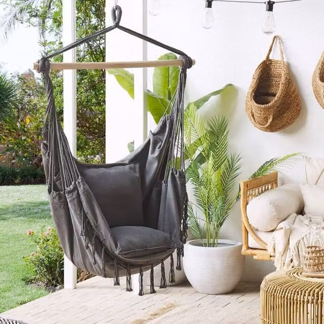 Wyld and Coco Grey Cotton Woven Boho Tassel Hanging Hammock Egg Chair – 1