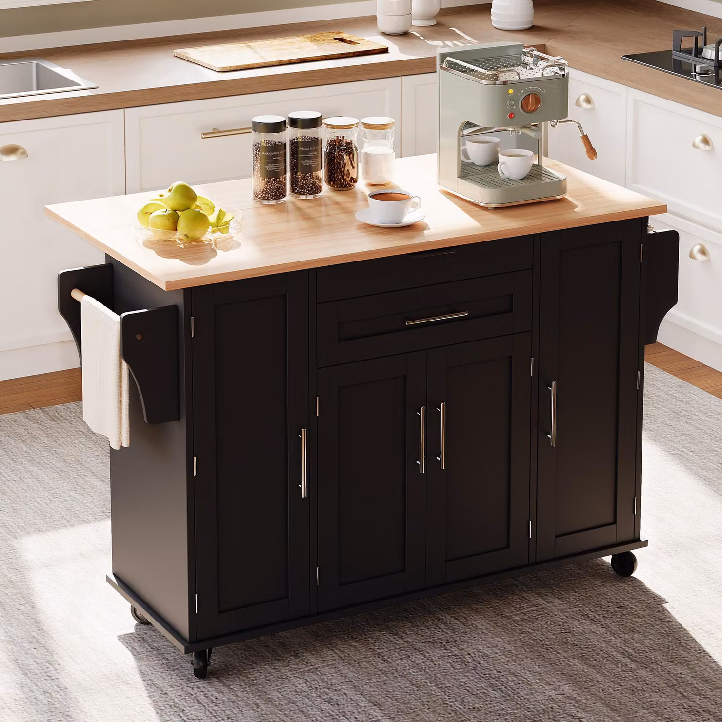 Aosom UK Modern Kitchen Trolley with Fold-Out Worktop and Double-Door Cabinets, Black and Natural, W: 70 cm, D: 70 cm, H: 92 cm – 9