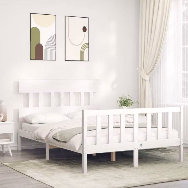 Berkfield Home Solid Wood Pine Bed Frame with Headboard in White, W/D/H: 120 x 200 cm