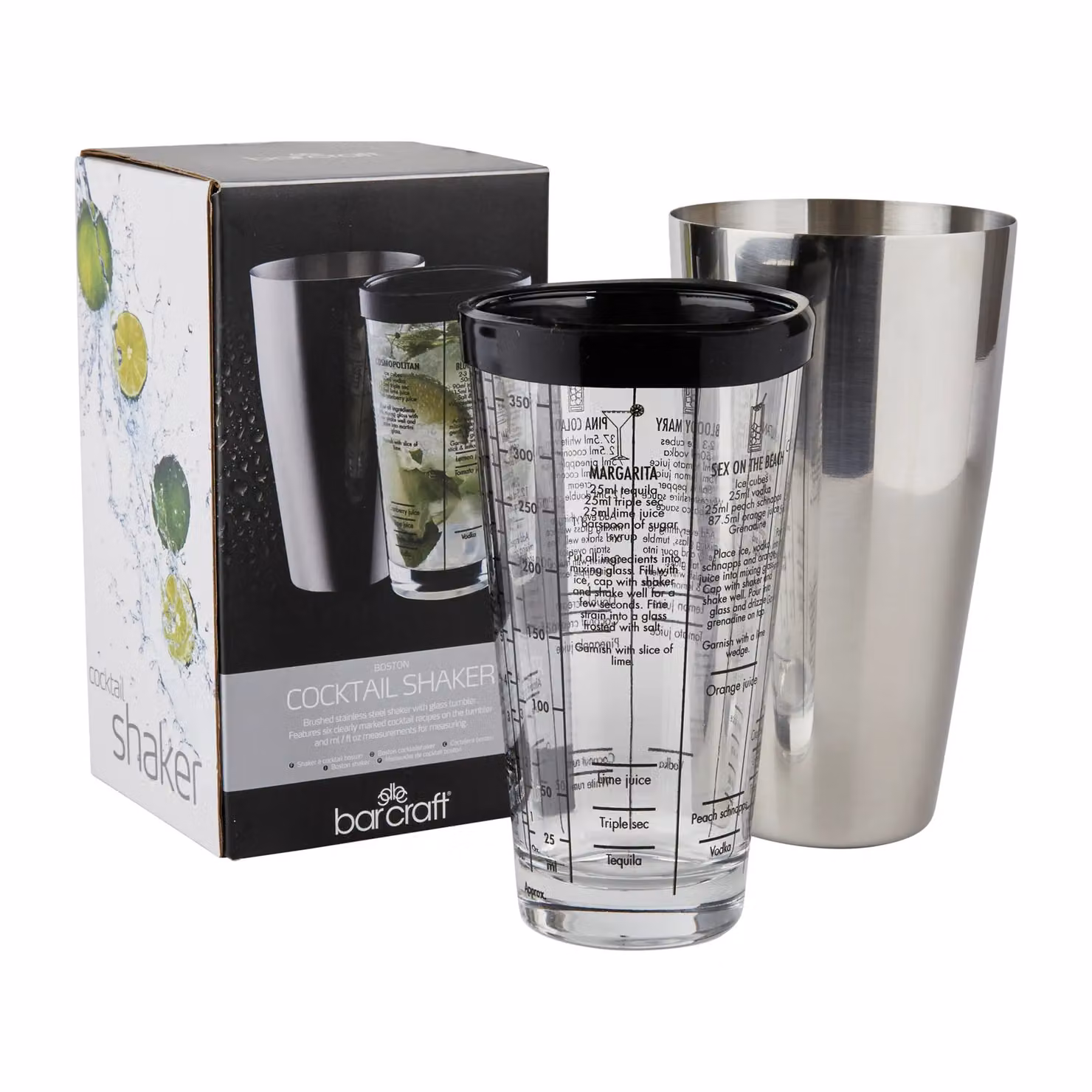 BarCraft 400ml Boston Cocktail Shaker in Silver and Yellow with Measuring Marks and Leakproof Silicone Seal – 5