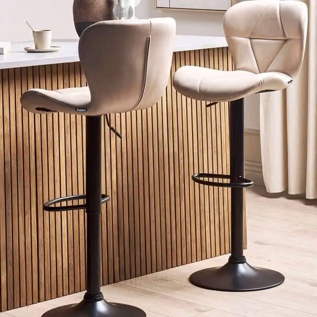 Wyld and Coco Set of 2 Beige Faux Leather Swivel Bar Stools with Adjustable Height
