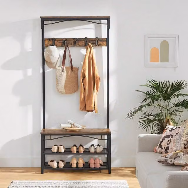 VASAGLE Industrial Hallway Coat Rack and Shoe Bench in Bronze and Black