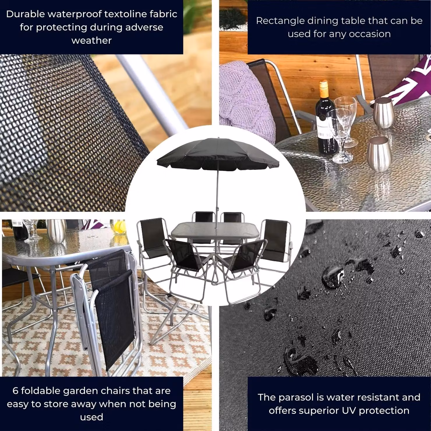 Samuel Alexander 8 Person Garden Furniture Set with Table, Chairs and Parasol in Black and Grey – 6