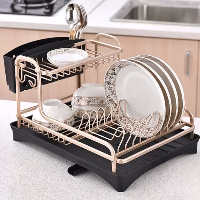 Livingandhome 2 Tier Gold Dish Drying Rack with Cutlery Holder and Drip Tray
