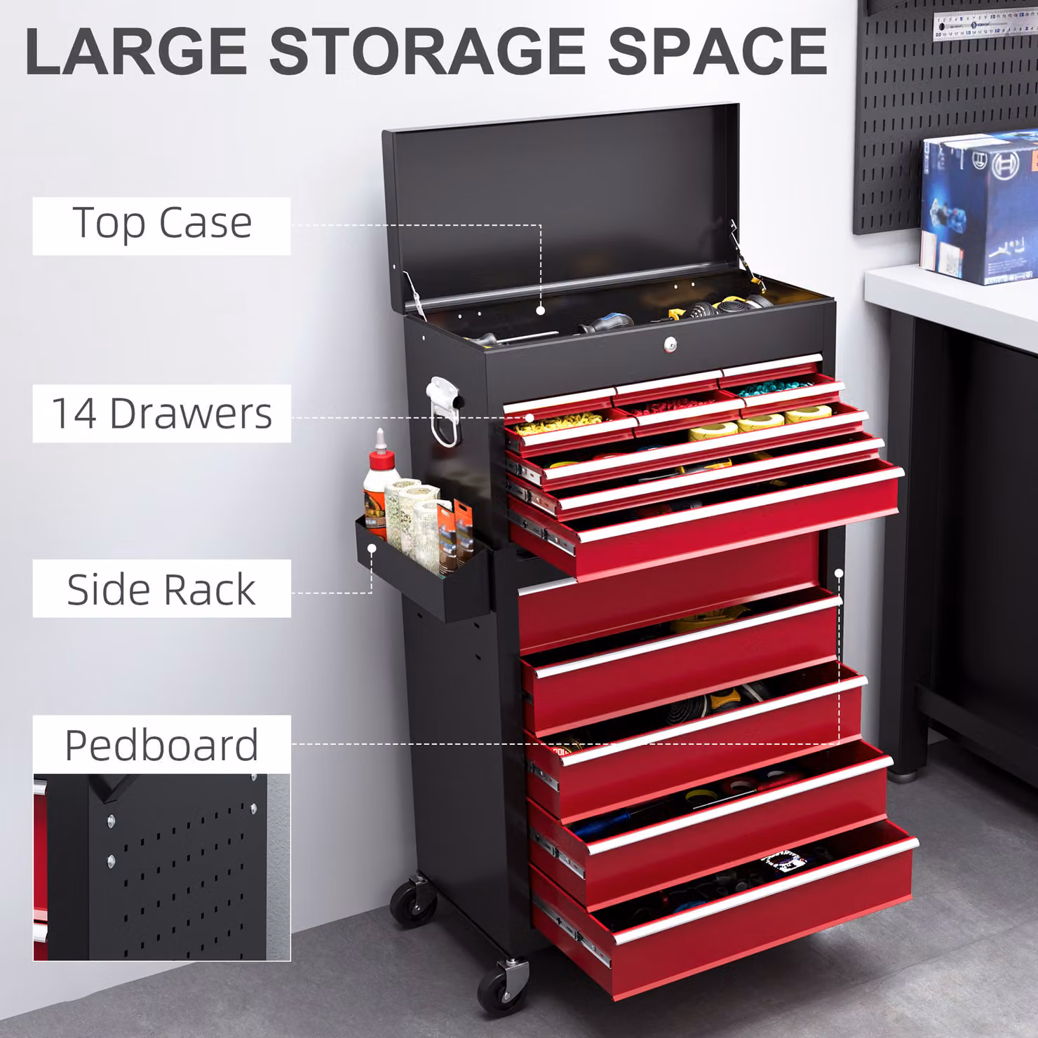 HOMCOM Rolling Tool Cabinet with 14 Drawers, Pegboard, Side Rack and Lockable Top Chest in Red Steel, W/D/H: 109 x 45 x 60 cm – 4