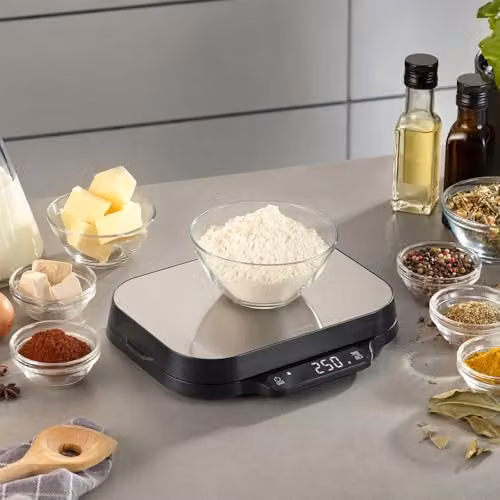 CASO Design Kitchen Duo Silver Digital Baking Scales with Stainless Steel and Glass Finish, Weighs up to 15kg with Tare and Hold Functions – 3