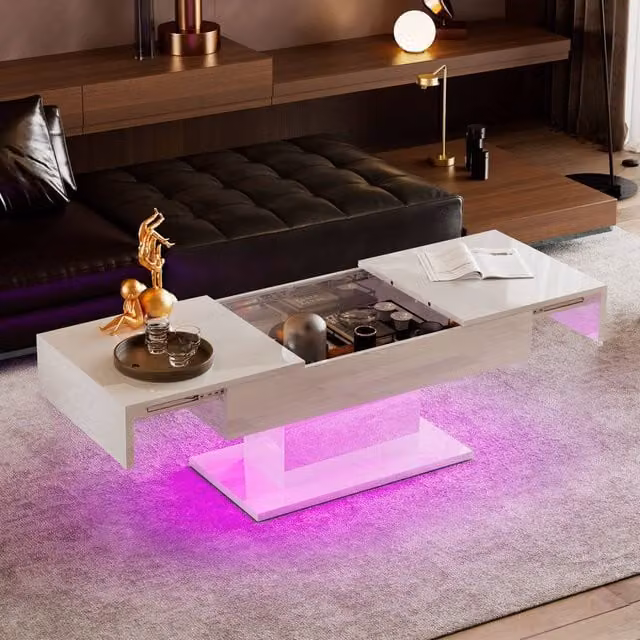 KEEPREAPER Modern Rectangular Coffee Table with Sliding Top and Hidden Storage in Glossy White – 1