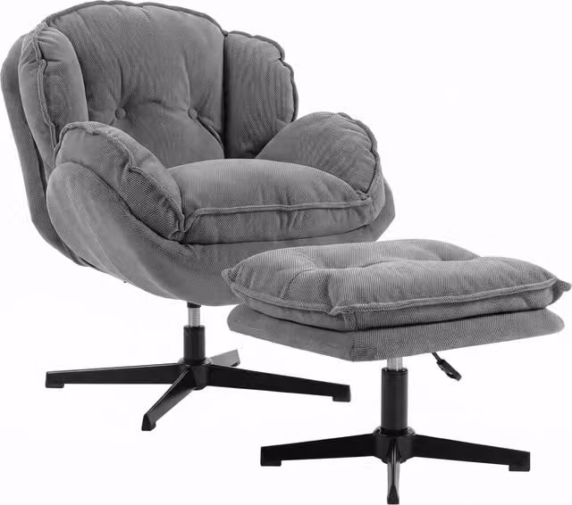 HOMCOM Grey Chenille Swivel Armchair with Adjustable Footstool and Thick Cushion – 1