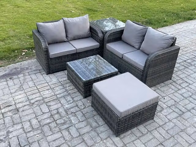 Fimous Rattan Outdoor Garden Furniture Set in Dark Grey with Coffee Table, Loveseat Sofa, Ottoman and Side Table