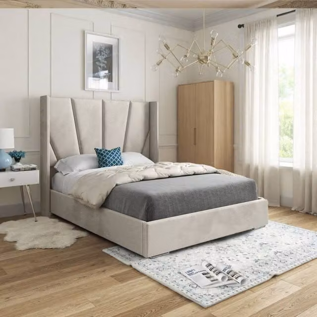KDMD Glapthorn Wide Curved Designer Bed Frame in Cream Beige Soft Velvet, Size: 200 x 200 cm