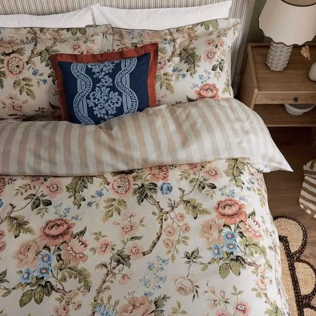 Sanderson Hykenham Single Cotton Mako Satin Floral Duvet Cover and Pillowcase Set, Multicolour, W/D/H: 90 x 200 cm – 1