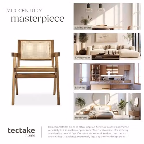 tectake Mid-Century Modern Dining Chair with Solid Wood Frame and Viennese Wickerwork in Light Brown – 5