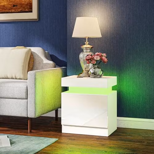 HOMCOM Set of 2 Modern High Gloss White Bedside Tables with Integrated LED Lighting – 7