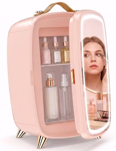 HOMCOM Skincare Refrigerator with LED Mirror in Pink – 1
