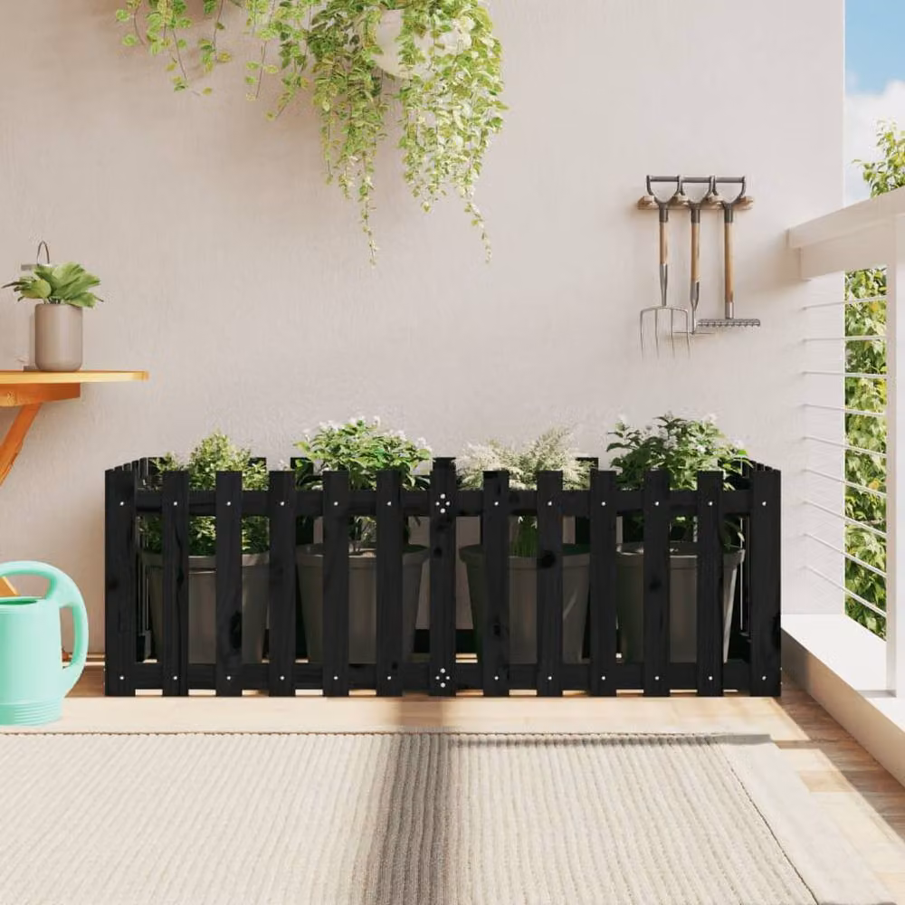 Berkfield Home Garden Raised Bed with Fence Design in Black Solid Wood Pine, W/D/H: 150 x 50 x 50 cm – 2