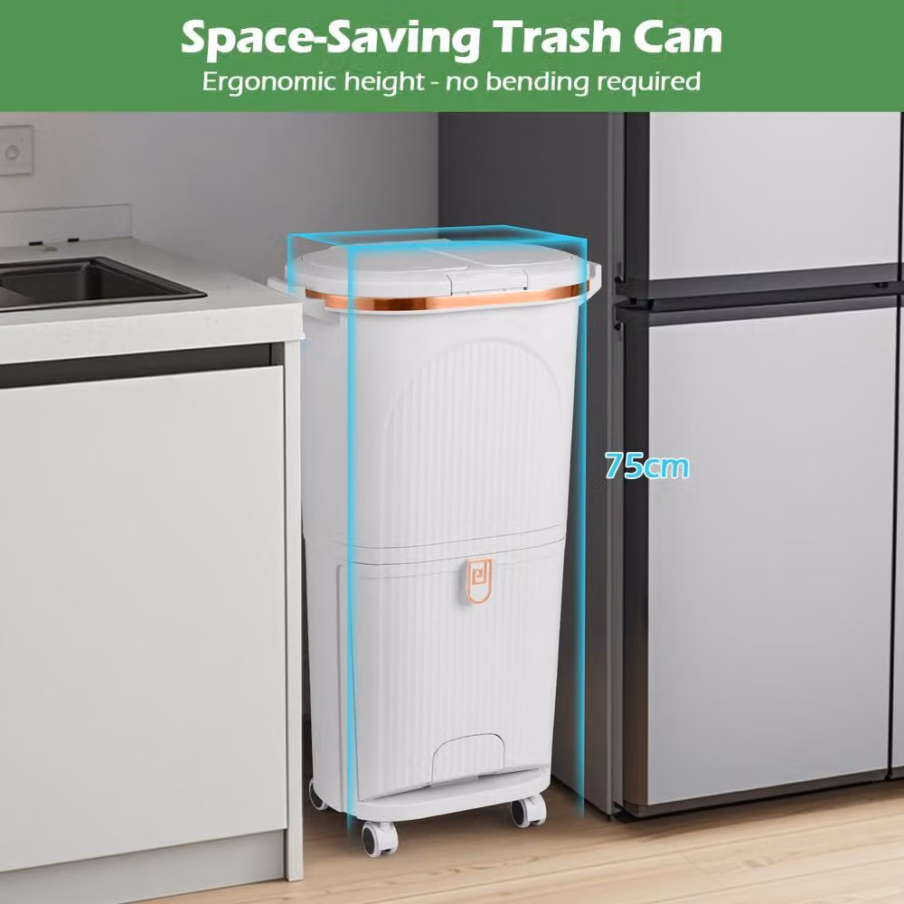 Costway 38L Sorting Garbage Bin with Lids and 2 Detachable Buckets, White – 4