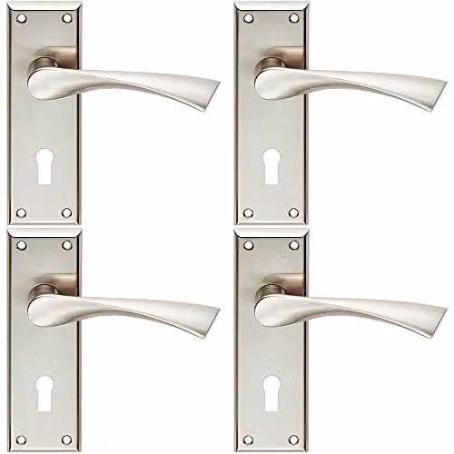 Loops 4 Pair Angular Lever on Lock Backplate Door Handles in Brushed Silver, W: 150 mm, H: 50 mm
