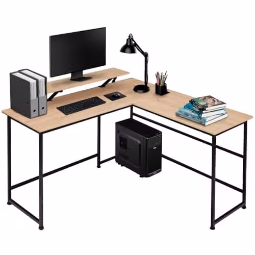 tectake Melrose Corner Desk with Movable Monitor Stand in Oak and Black, W/D/H: 140 x 130 x 76.5 cm
