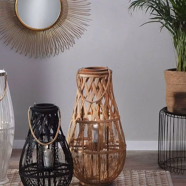 Wyld and Coco Bamboo and Glass Lantern Candle Holder, Brown, H 77 cm x W 39 cm x D 39 cm – 1