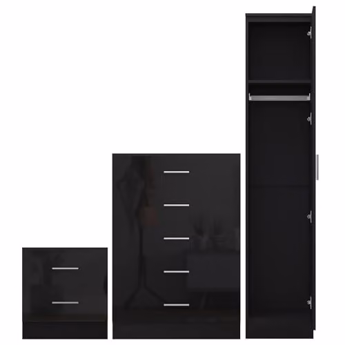 Reflect Modern Bedroom Furniture Set in Black Gloss and Black Oak Finish including 1 Door Wardrobe, 5 Drawer Chest and 2 Drawer Bedside Table – 3