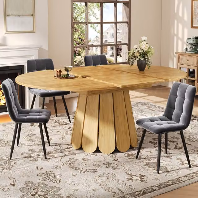 Rolipo Extendable Round to Oval Dining Table in Natural Wood Effect Brown and Beige, W/D/H: 118 x 118 x 76 cm (Extends to 158 cm)
