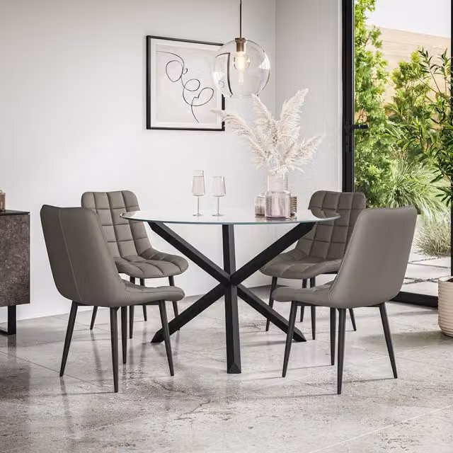 More4Homes Malvern Round Dining Table and Set of 4 Nova Faux Leather Chairs in Grey with Clear Glass Top and Black Oak Legs, Diameter: 120 cm, Height: 75 cm