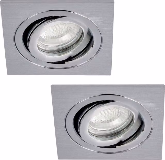 Litecraft 2 Pack of Square Recessed IP65 Downlights in Silver Metal with Adjustable GU10 Bulbs