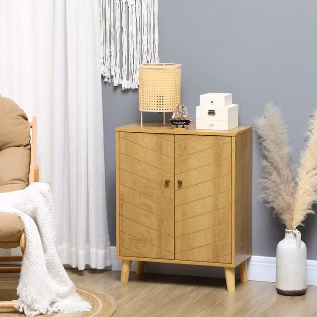 HOMCOM Vintage Geometric Storage Cabinet with Double Chevron Doors and Pine Wood Legs, Brown