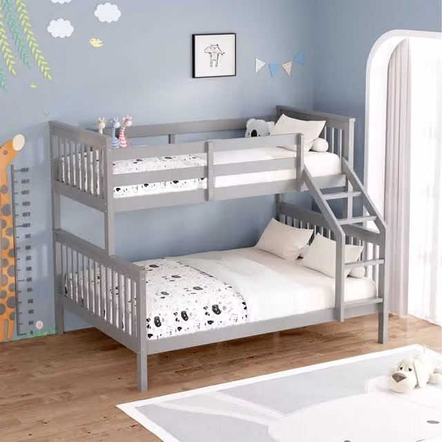 SlumberWorx Noah Modern Solid Pine Wooden Triple Sleeper Bunk Bed in Grey and White