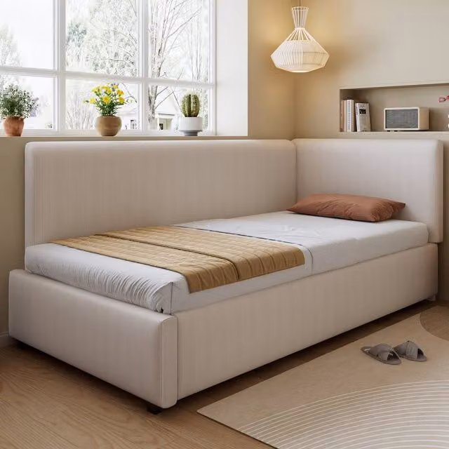 Rolipo Beige Corduroy Upholstered Single Youth Bed with Side Rails W/D/H: 90 x 190 cm