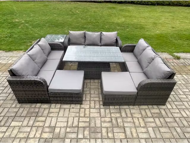 Fimous 11-Seater Grey Outdoor Rattan Furniture Set with Height-Adjustable Lift Table, Side Table and 2 Footstools