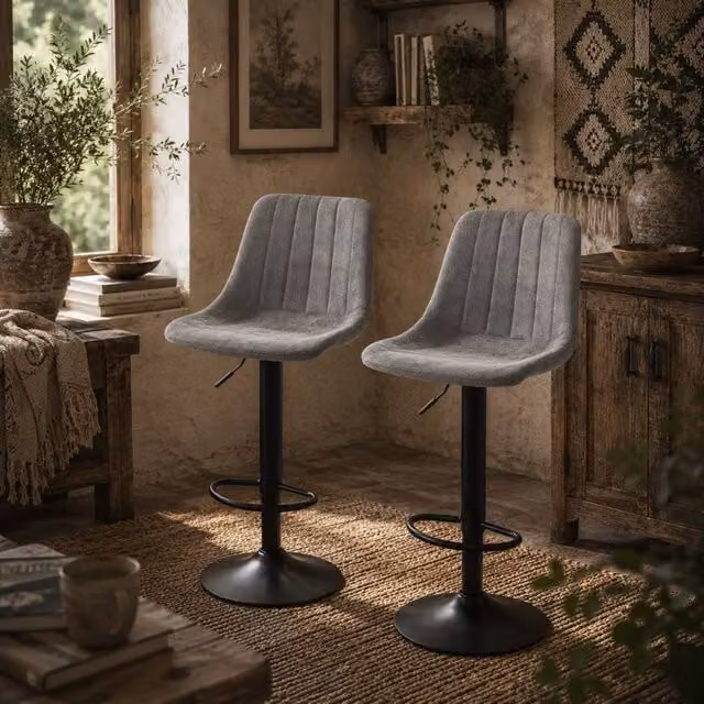 Wyld Haus Doneha Set of 2 Grey Faux Leather Adjustable Breakfast Bar Stools with 360 Degree Swivel – 1