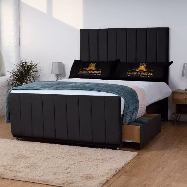 UK Bed Furniture Hampton Divan Bed with 4 Drawers and 26 Inch Headboard, Black, W/D/H: 180 x 200 x 66.04 cm – 1