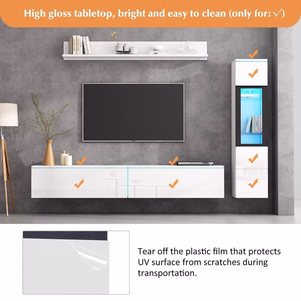 Tokpiedi Modern 3 Piece White Glossy LED Entertainment Centre Wall Unit Set with Wall Cabinet, Lowboard and Display Vitrine – 3