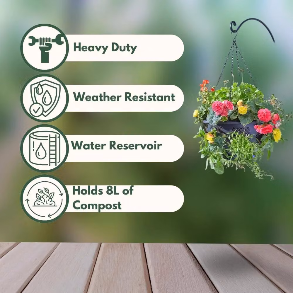 Marco Paul Black Plastic Hanging Basket Planter with Integrated Cut Out Sections, Diameter: 38.1 cm – 5