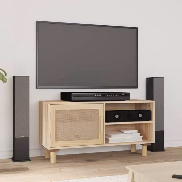 Berkfield Home Brown TV Cabinet in Solid Pine and Natural Rattan, W/D/H: 80 x 30 x 40 cm