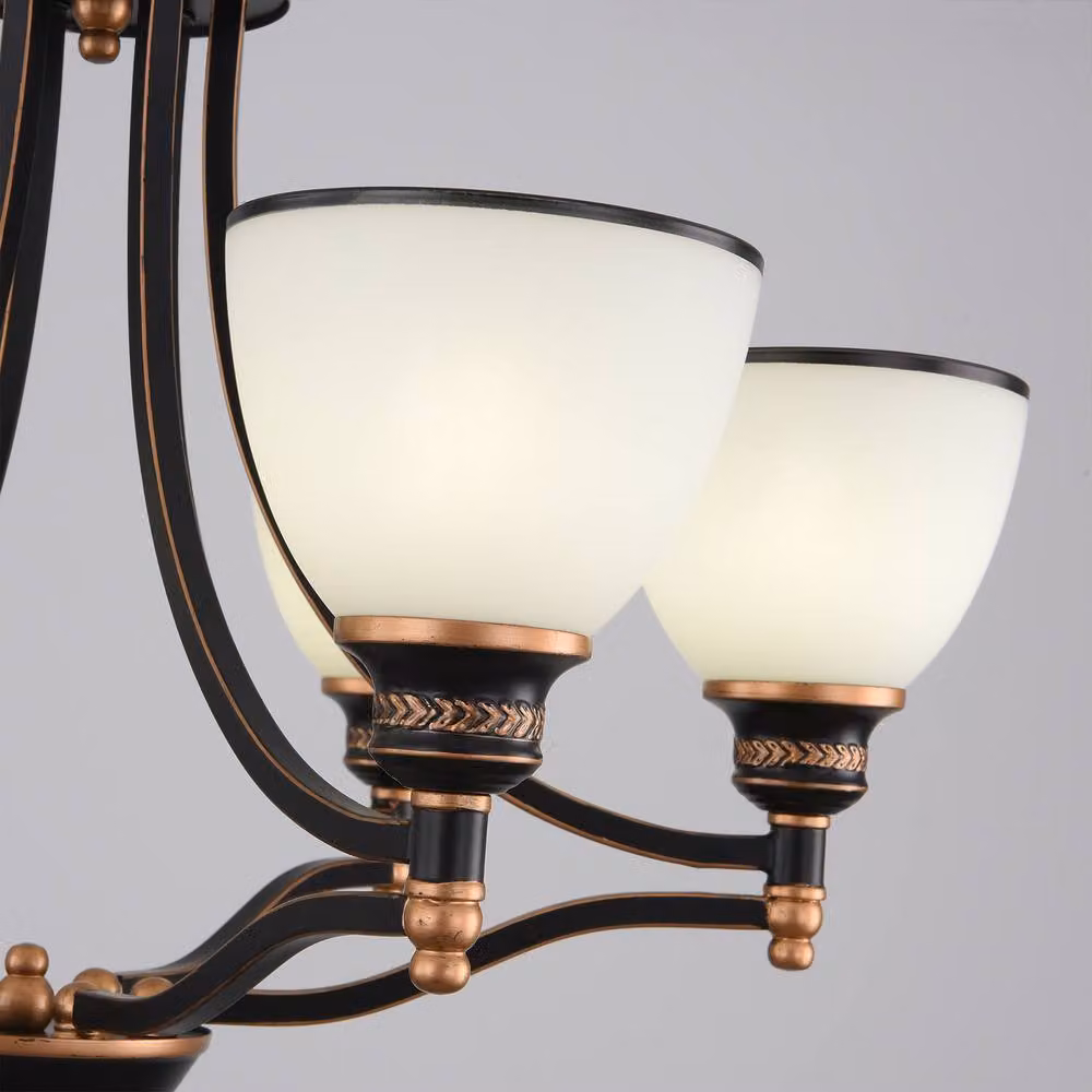 NIVOR Classic 6-Light Bell Pendant Chandelier in Black and Bronze with Gold Frosted Glass and E27 Sockets – 8