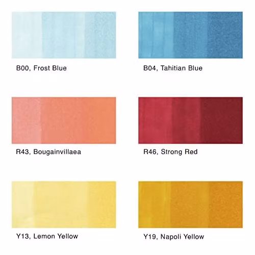 Copic Sketch Coloured Marker Pen Set of 6 Basics in Red, Yellow, Blue and Multicolour with Brush Nib