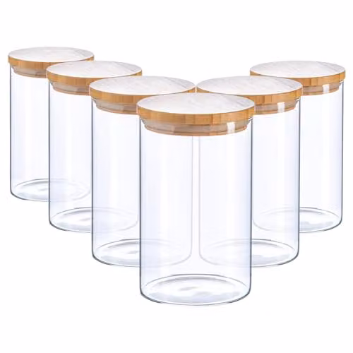 Argon Tableware Scandi Airtight Glass Storage Jars with Wooden Lids, 1 l, 6 Pack, Transparent