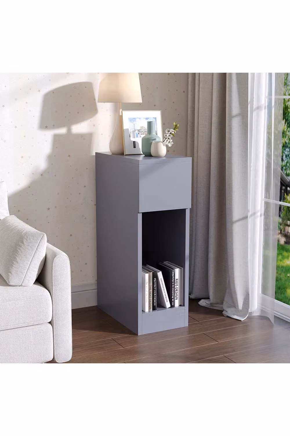 Living and Home Grey Bedside Table with Drawer, W/D/H: 60 x 35 x 60 cm – 3